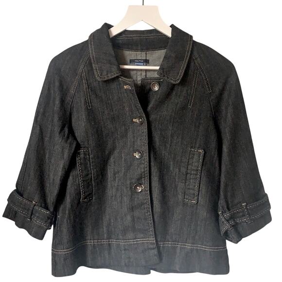 NAUTICA Women’s Black Button-up Jean 3/4 sleeve Denim Jacket Size Medium - Picture 1 of 10
